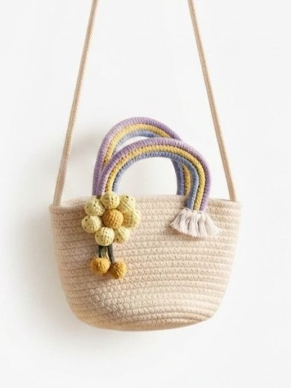 Cream Crochet Crossbody Bag with Pastel Rainbow Handles